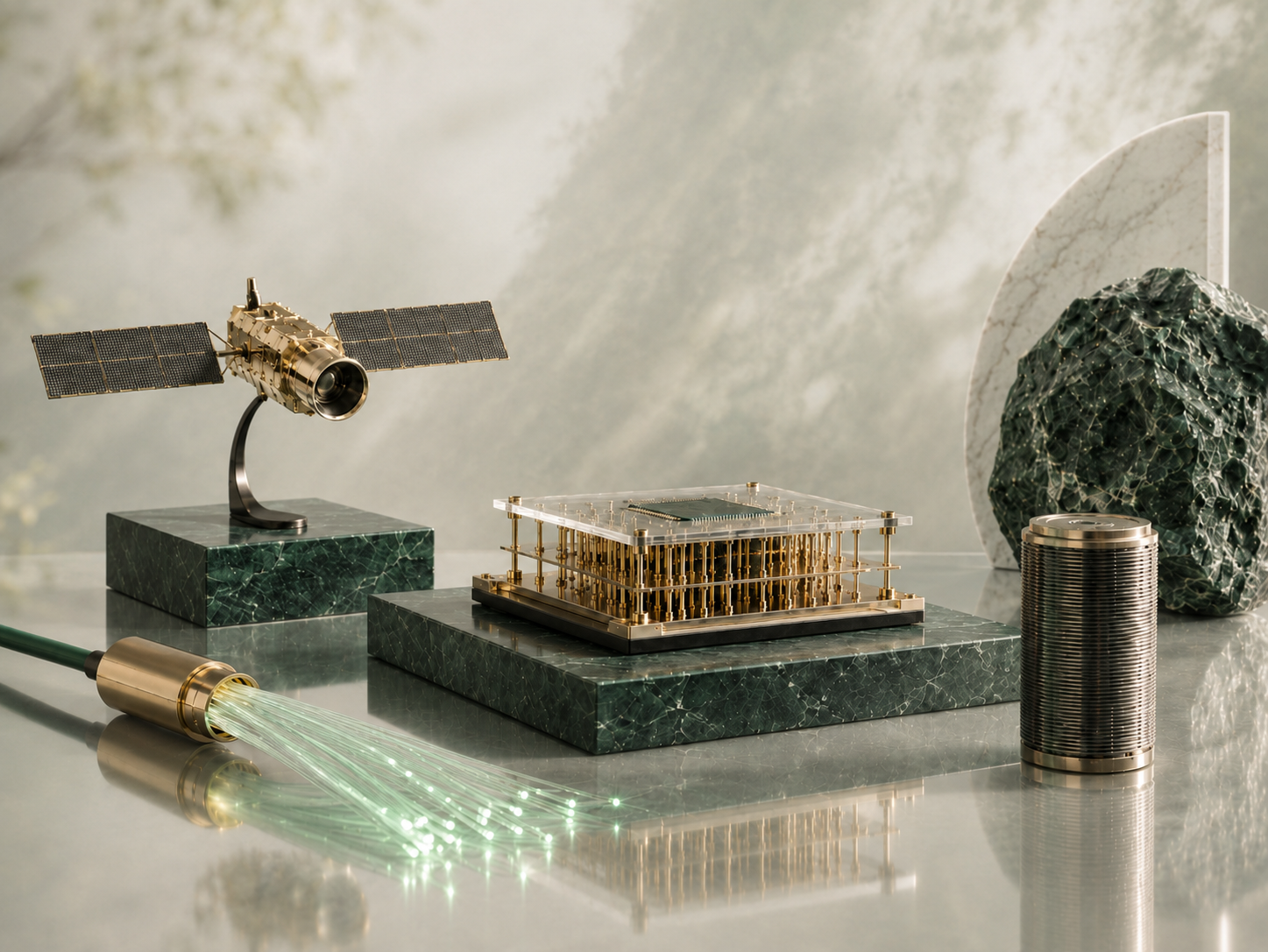 A refined still life with a bonsai tree, jade marble, and a small gold Pixiu sculpture