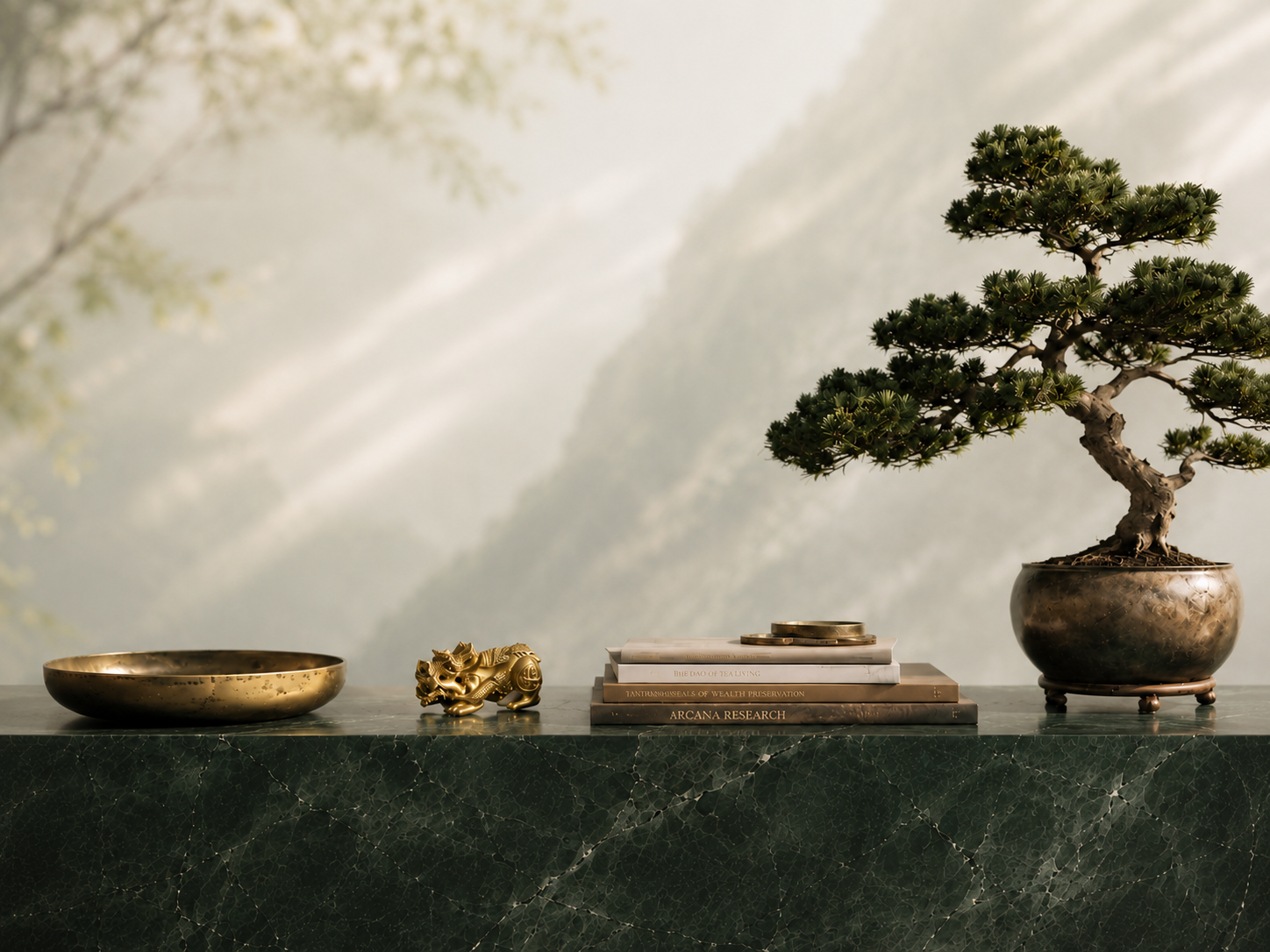 Arcana Research stationery, a fountain pen, books, and jade marble objects in warm light